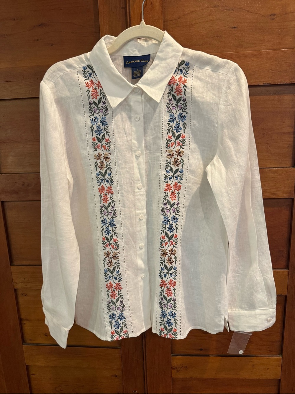 NWOT Charter Club White Embroidered 100% Linen Button Down Shirt Size 8